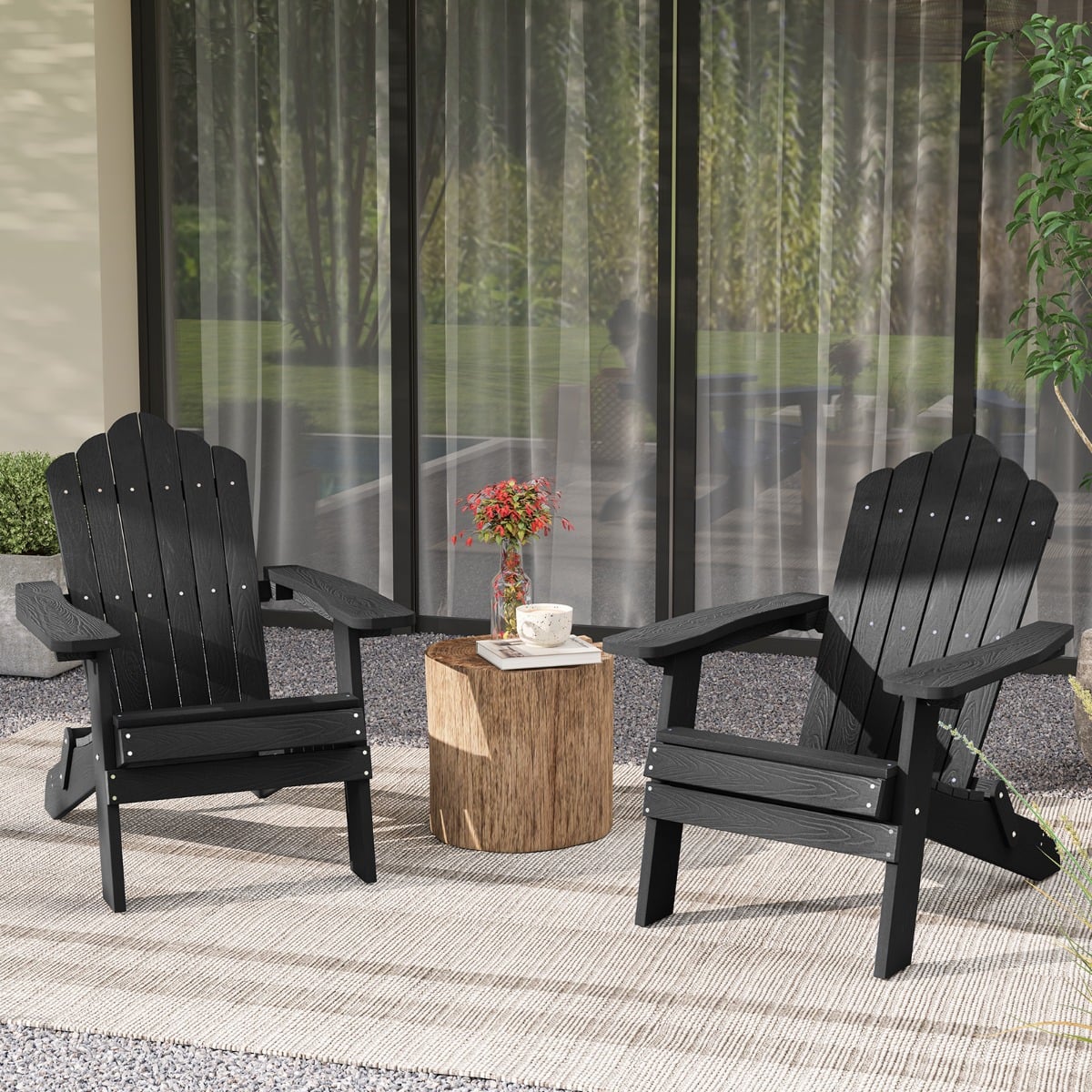 Folding Adirondack Chair with Wide Armrests and Inclined Backrest-Black