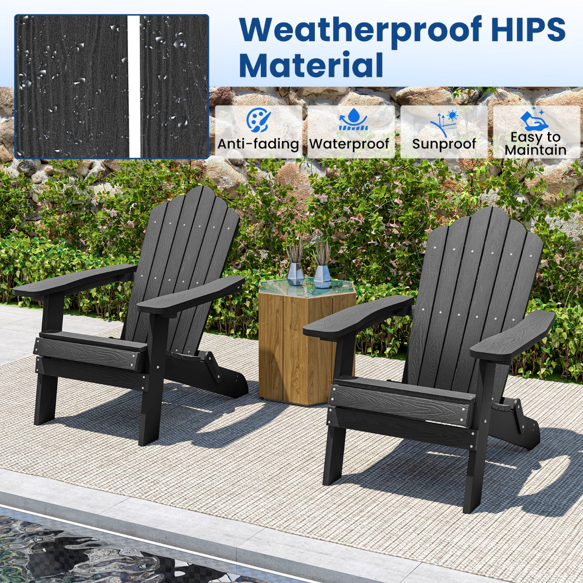 Folding Adirondack Chair with Wide Armrests and Inclined Backrest-Black