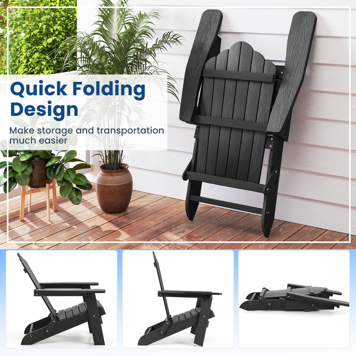 Folding Adirondack Chair with Wide Armrests and Inclined Backrest-Black