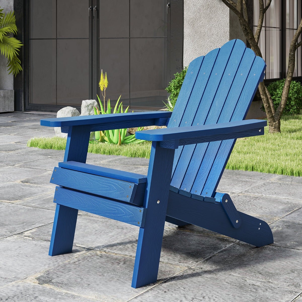 Folding Adirondack Chair with Wide Armrests and Inclined Backrest-Navy
