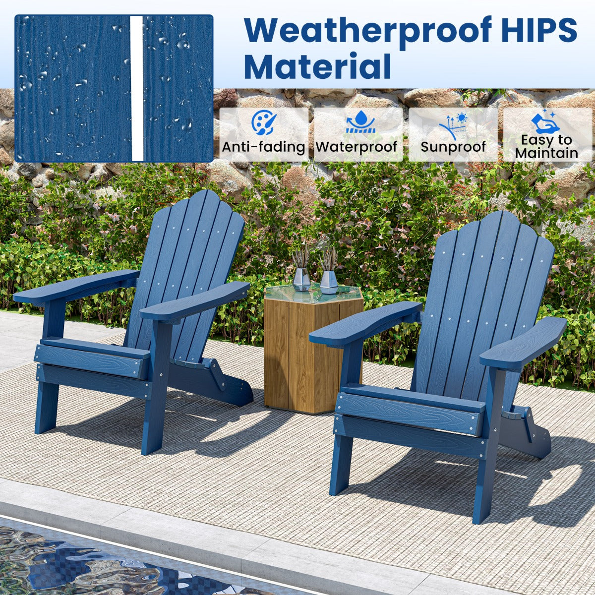 Folding Adirondack Chair with Wide Armrests and Inclined Backrest-Navy