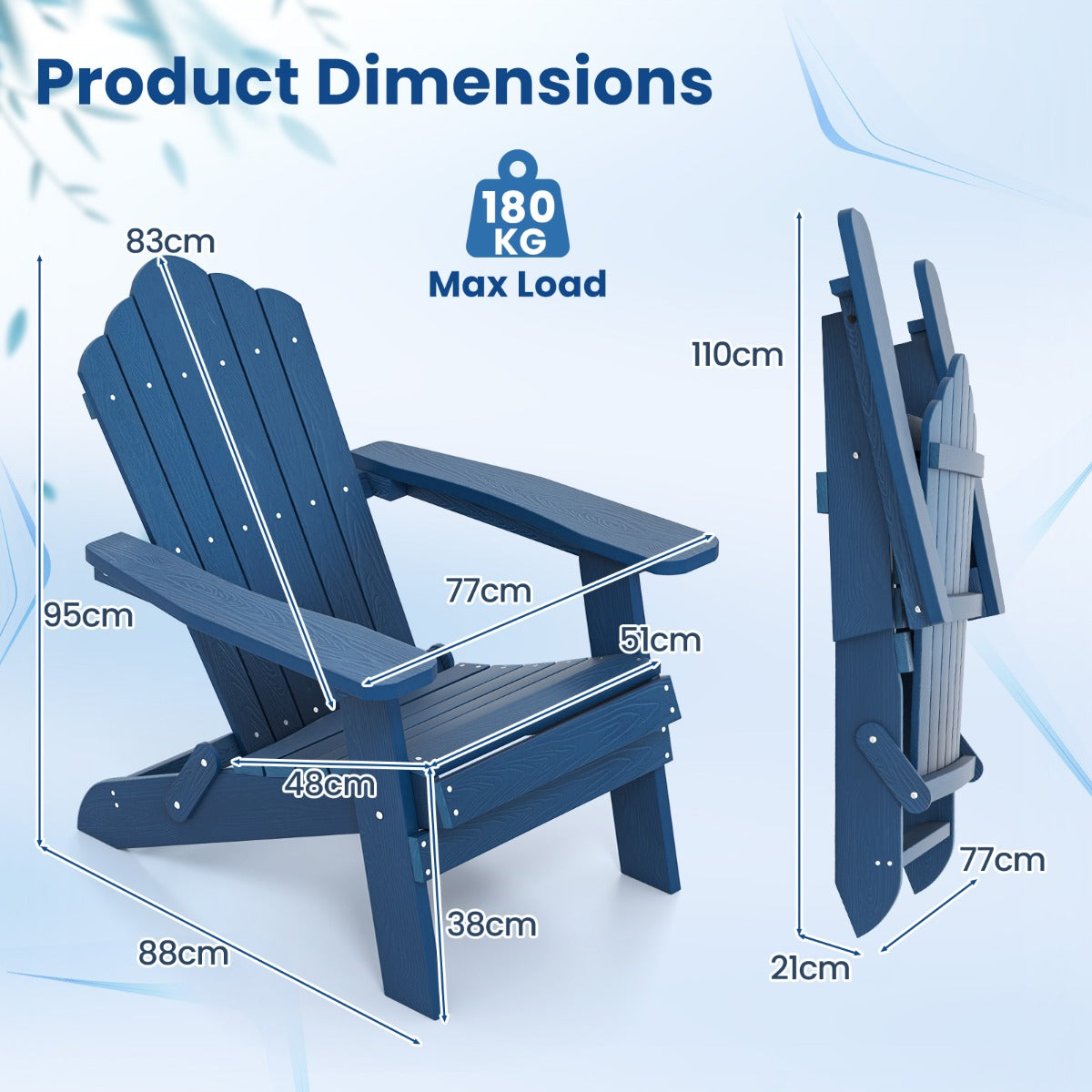 Folding Adirondack Chair with Wide Armrests and Inclined Backrest-Navy