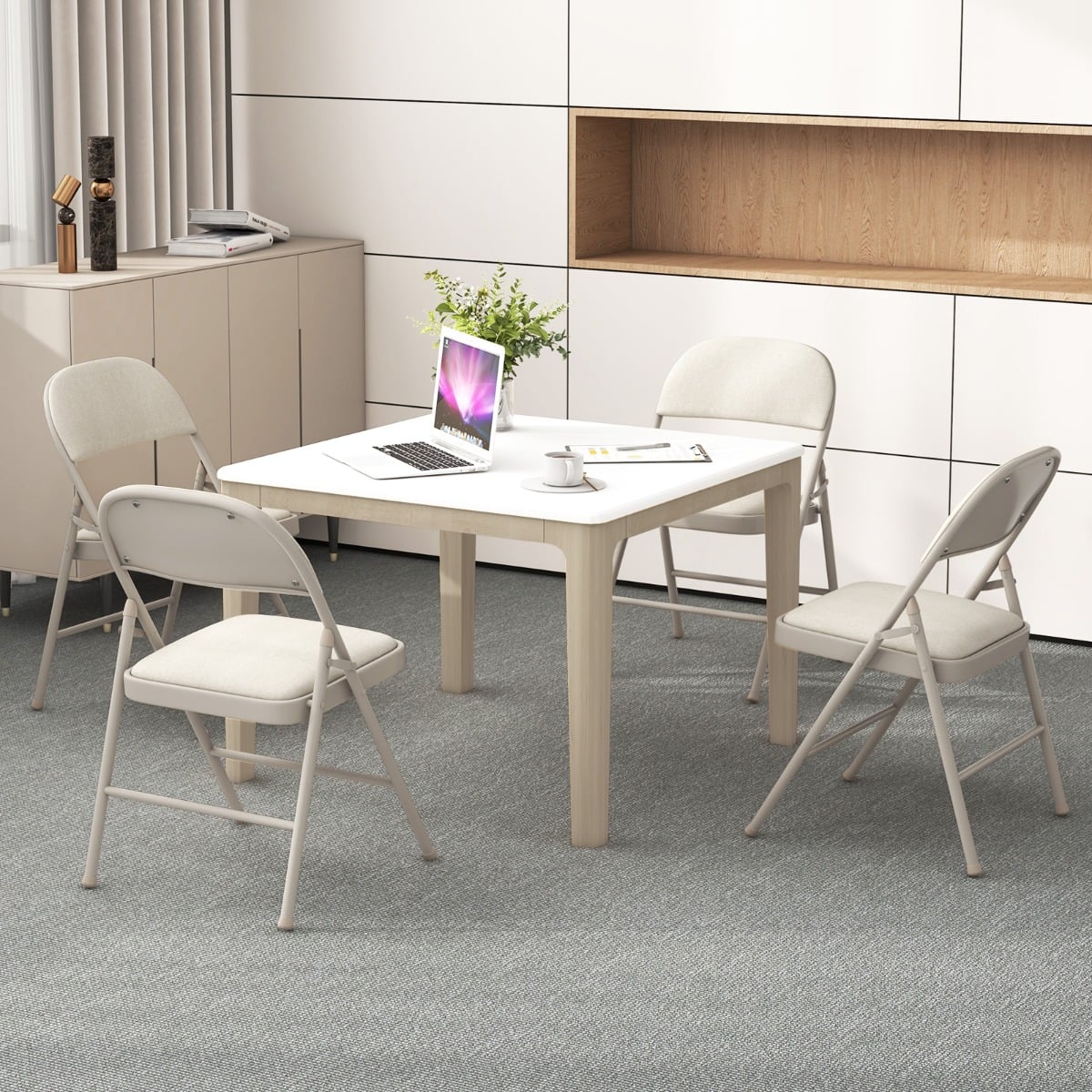 Set of 4 Folding Fabric Padded Chairs with Sponge Seat and Backrest-Beige
