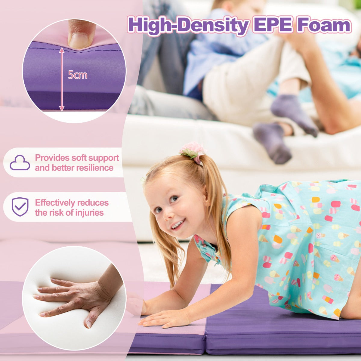 Folding Gymnastics Mat with Carry Handles Hook and Loop Fasteners-Pink &amp; Purple