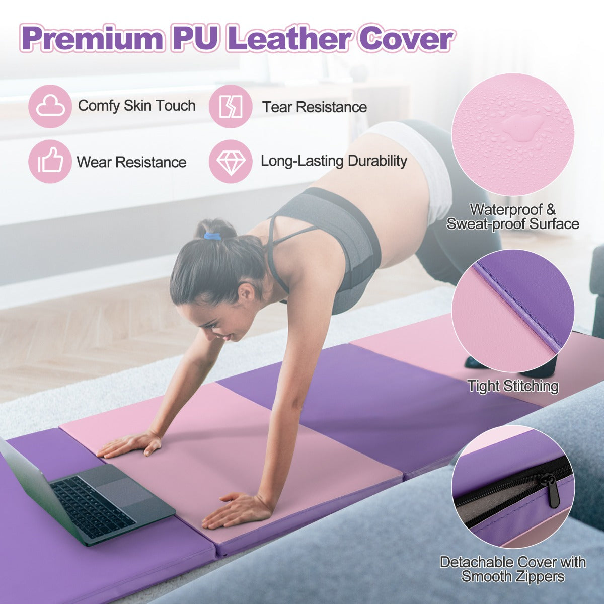 Folding Gymnastics Mat with Carry Handles Hook and Loop Fasteners-Pink &amp; Purple