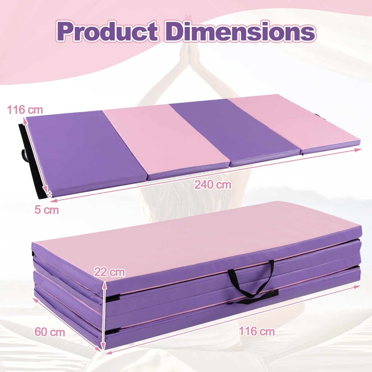 Folding Gymnastics Mat with Carry Handles Hook and Loop Fasteners-Pink &amp; Purple
