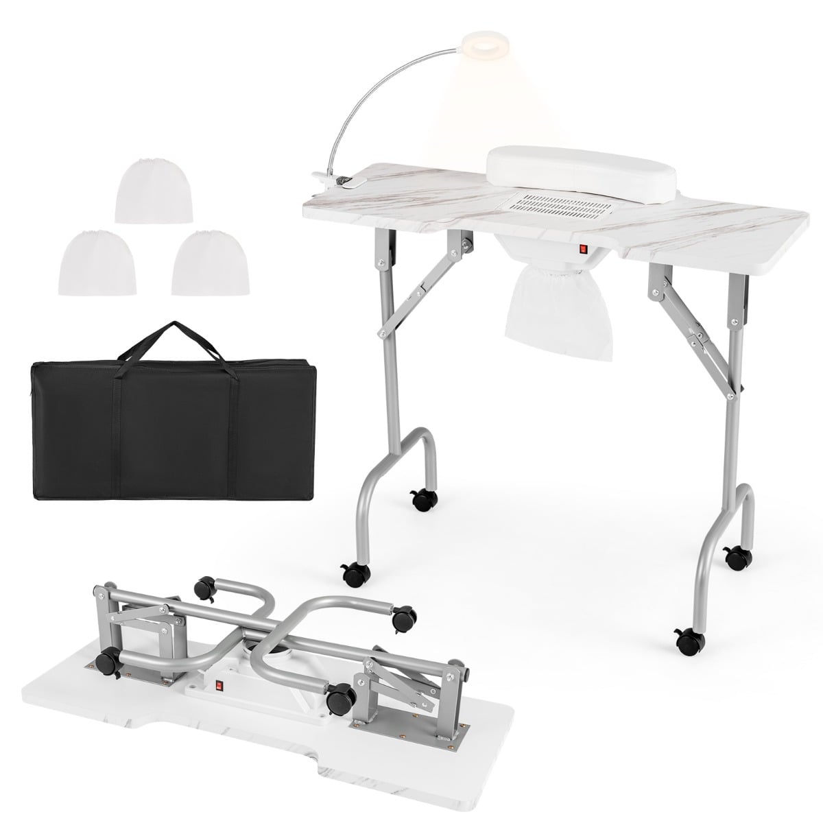 Portable Folding Manicure Nail Table with Electric Dust Collector-White