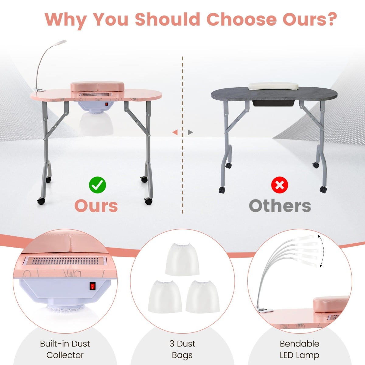 Folding Manicure Nail Table with Electric Dust Collector-Pink