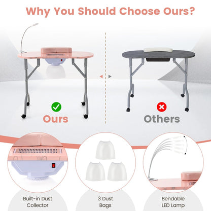 Folding Manicure Nail Table with Electric Dust Collector-Pink