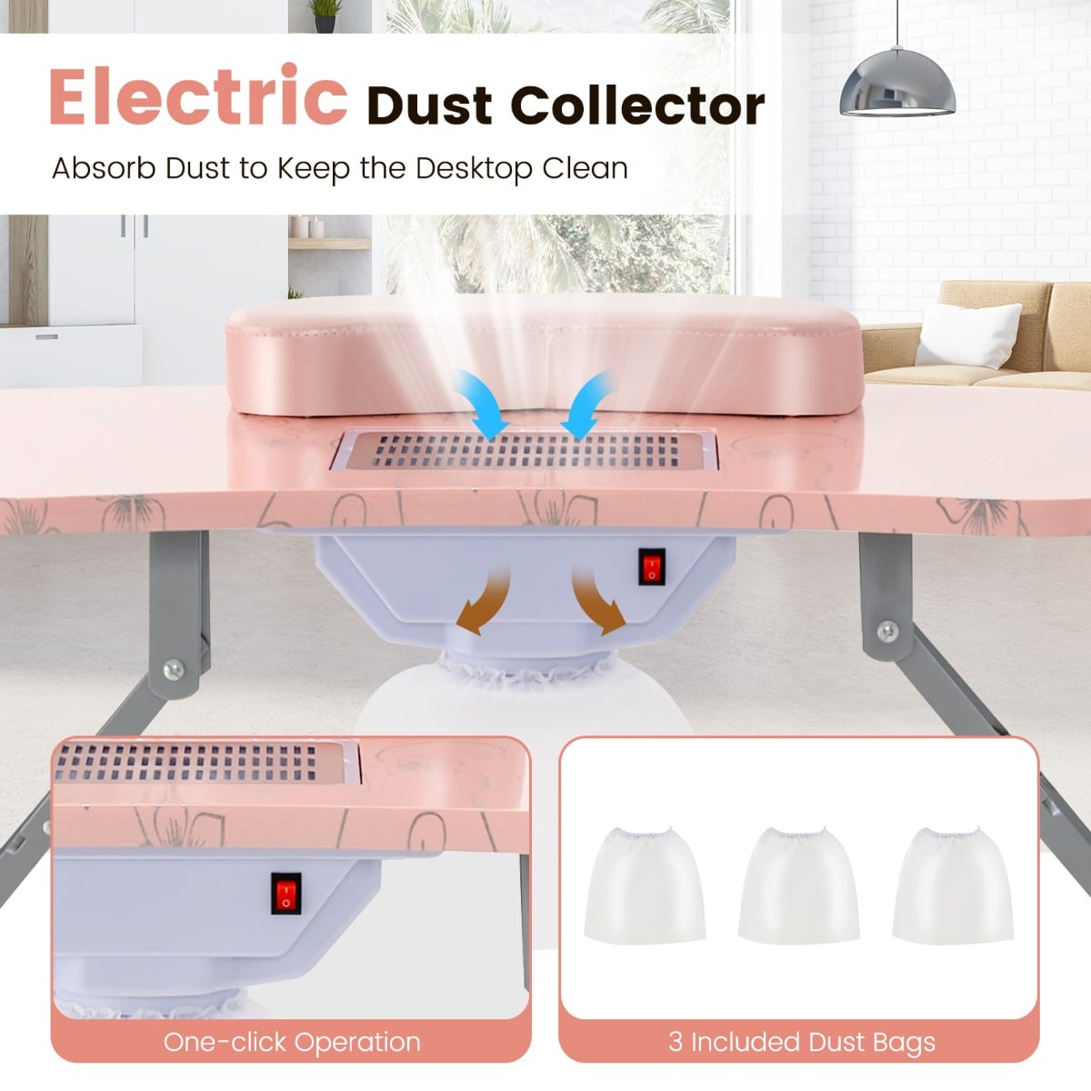 Folding Manicure Nail Table with Electric Dust Collector-Pink