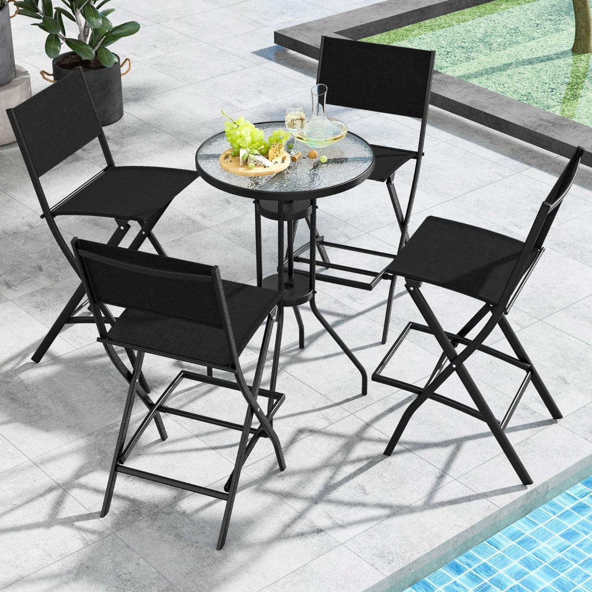 Folding Outdoor Bar Chair Set of 4 with Metal Frame and Footrest-Black