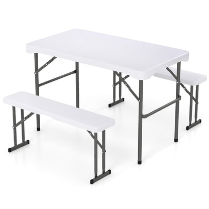 Folding Picnic Table Bench Set with Wood Grain HDPE Tabletop-White