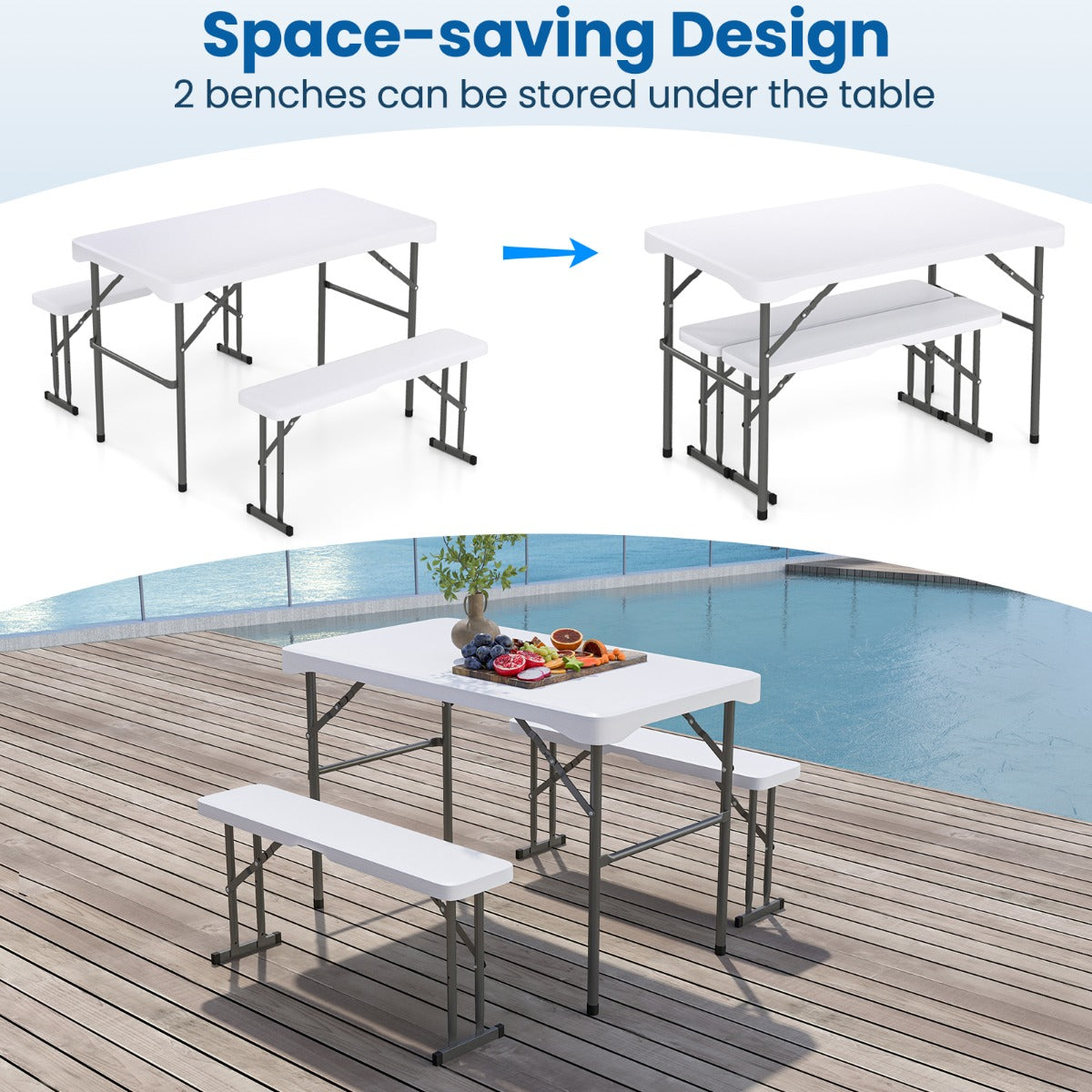Folding Picnic Table Bench Set with Wood Grain HDPE Tabletop-White