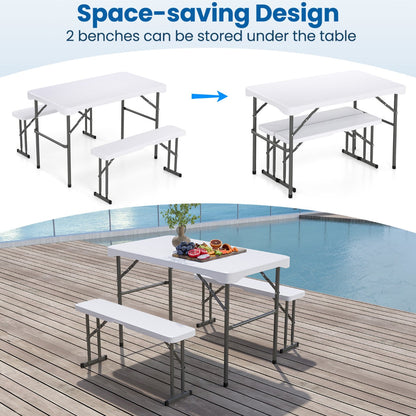 Folding Picnic Table Bench Set with Wood Grain HDPE Tabletop-White