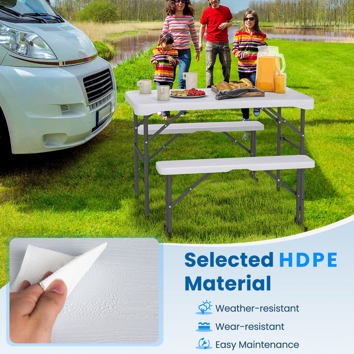 Folding Picnic Table Bench Set with Wood Grain HDPE Tabletop-White