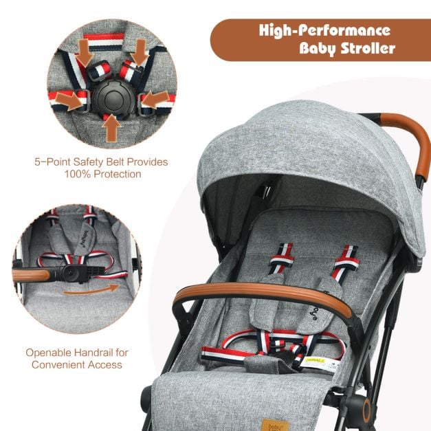 Folding Pushchair with Adjustable Backrest and Footrest-Grey