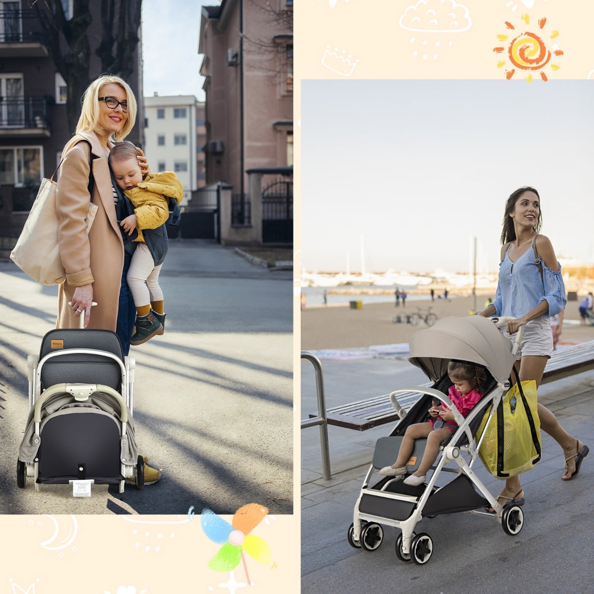 Folding Pushchair with Adjustable Backrest and Footrest-Light Grey