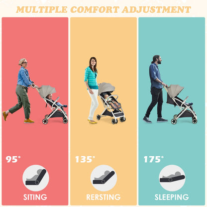 Folding Pushchair with Adjustable Backrest and Footrest-Light Grey