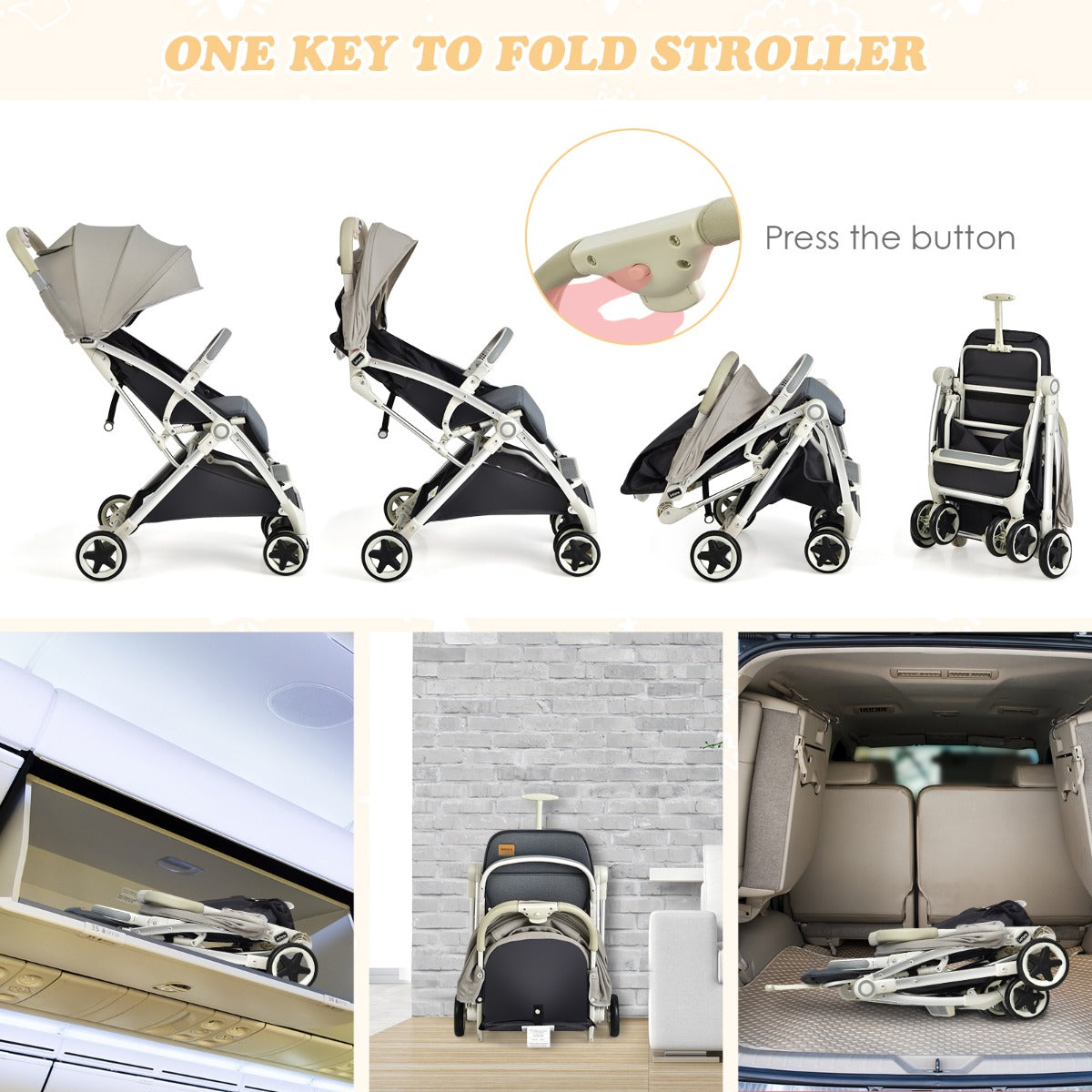 Folding Pushchair with Adjustable Backrest and Footrest-Light Grey