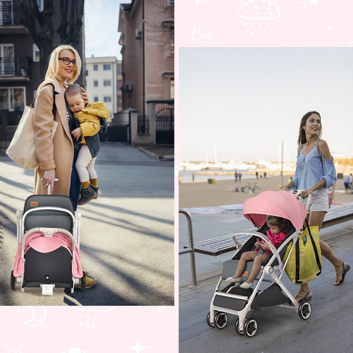 Folding Pushchair with Adjustable Backrest and Footrest-Pink