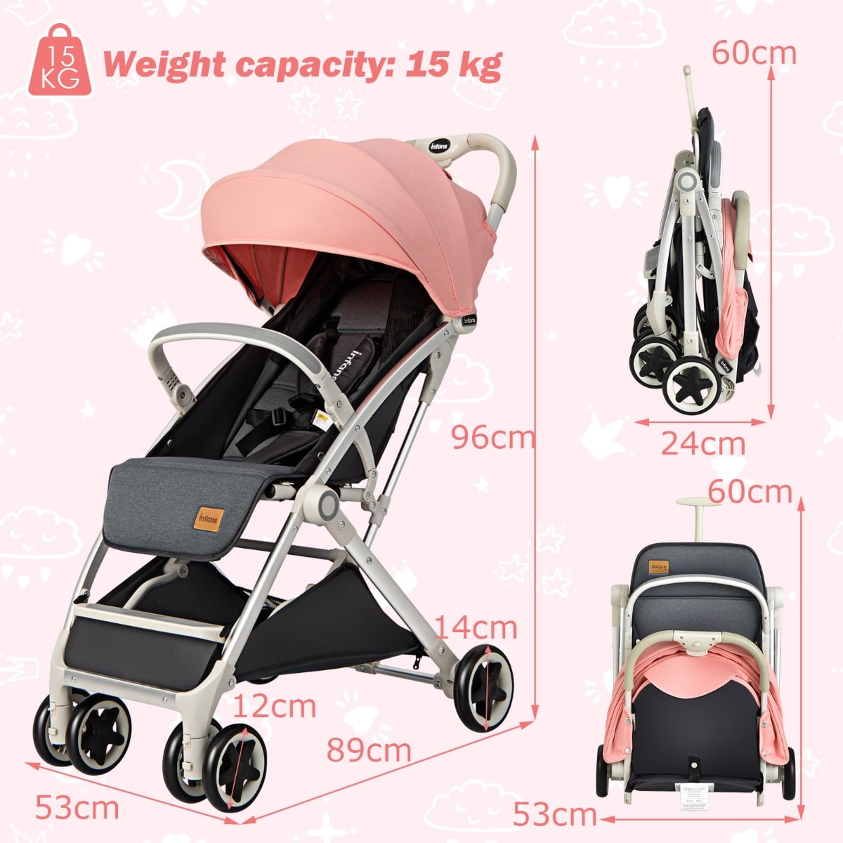 Folding Pushchair with Adjustable Backrest and Footrest-Pink