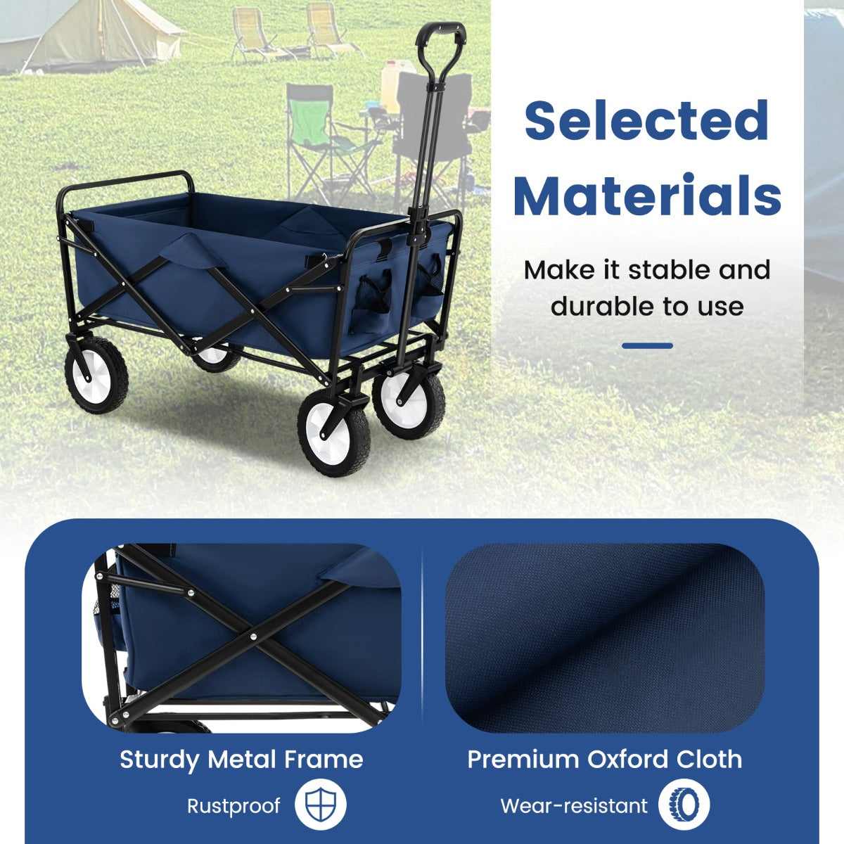 eavy Duty Camping Garden Cart with Adjustable Handle and Drink Holders-Navy