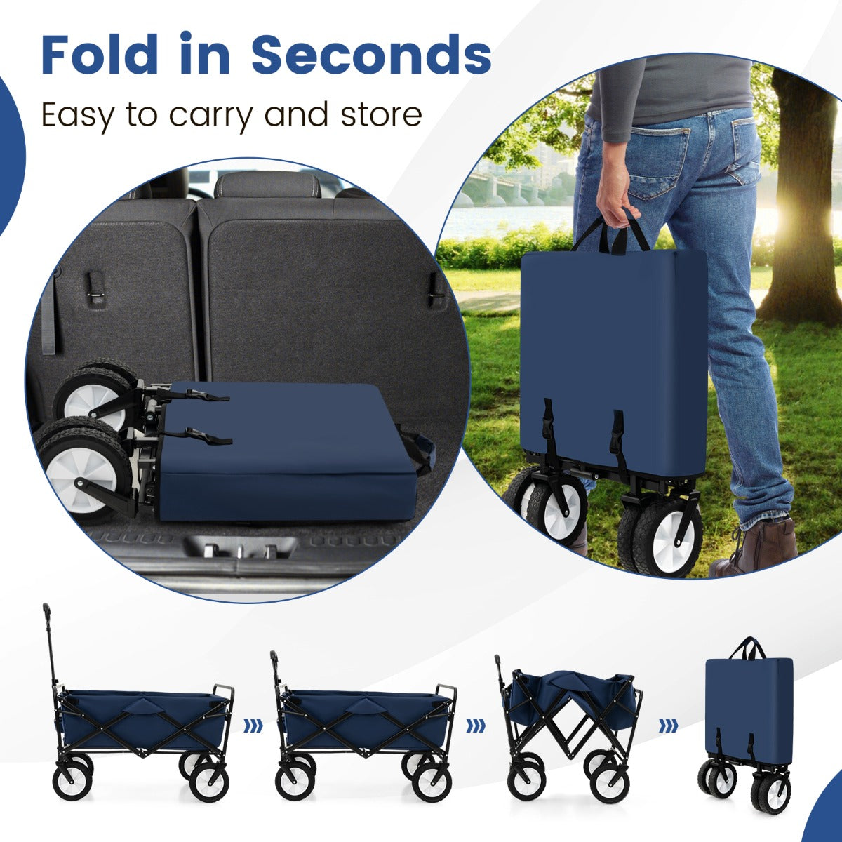 eavy Duty Camping Garden Cart with Adjustable Handle and Drink Holders-Navy