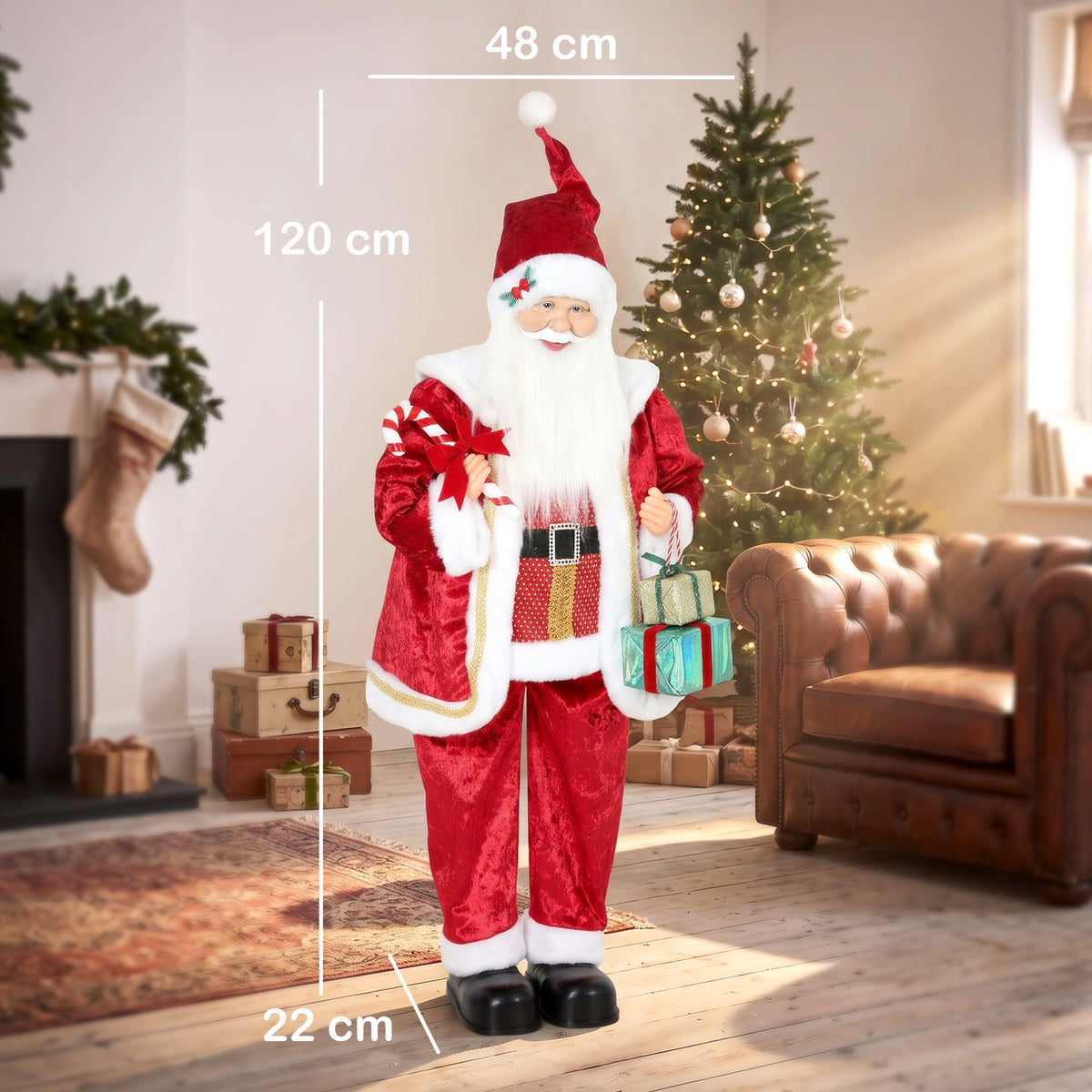 HOMCOM 120cm Life Size Singing Dancing Santa Claus, Standing Musical Animated Santa with Gift and Candy Cane, Posable Arms, Handcrafted, Sound Touch Activated, Moving Christmas Figure Decoration
