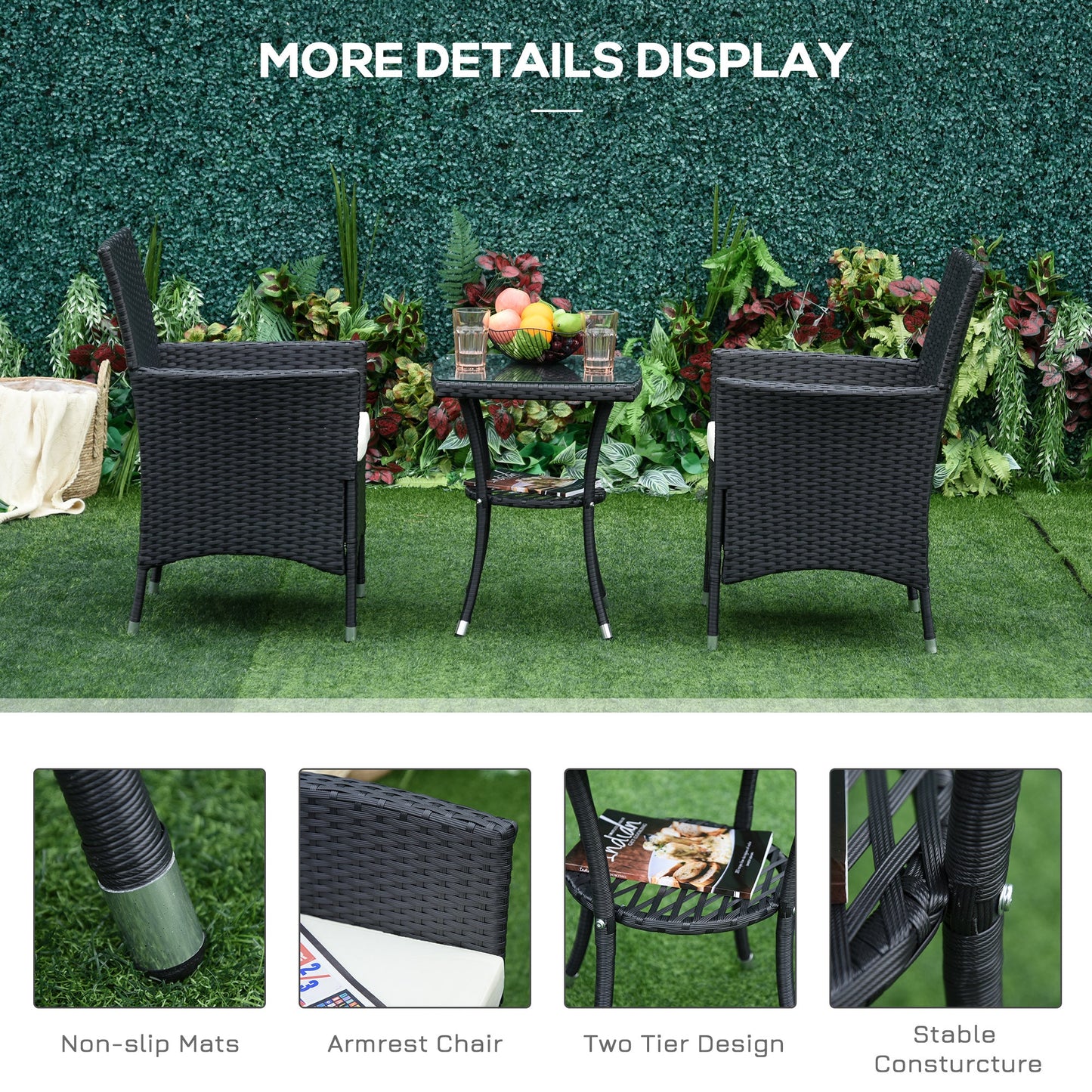 Outsunny 3 Pieces Rattan Bistro Set, Wicker Garden Furniture Set with 2-Tier Coffee Table and Chairs, Cushions, for Outdoor Patio Balcony, Black