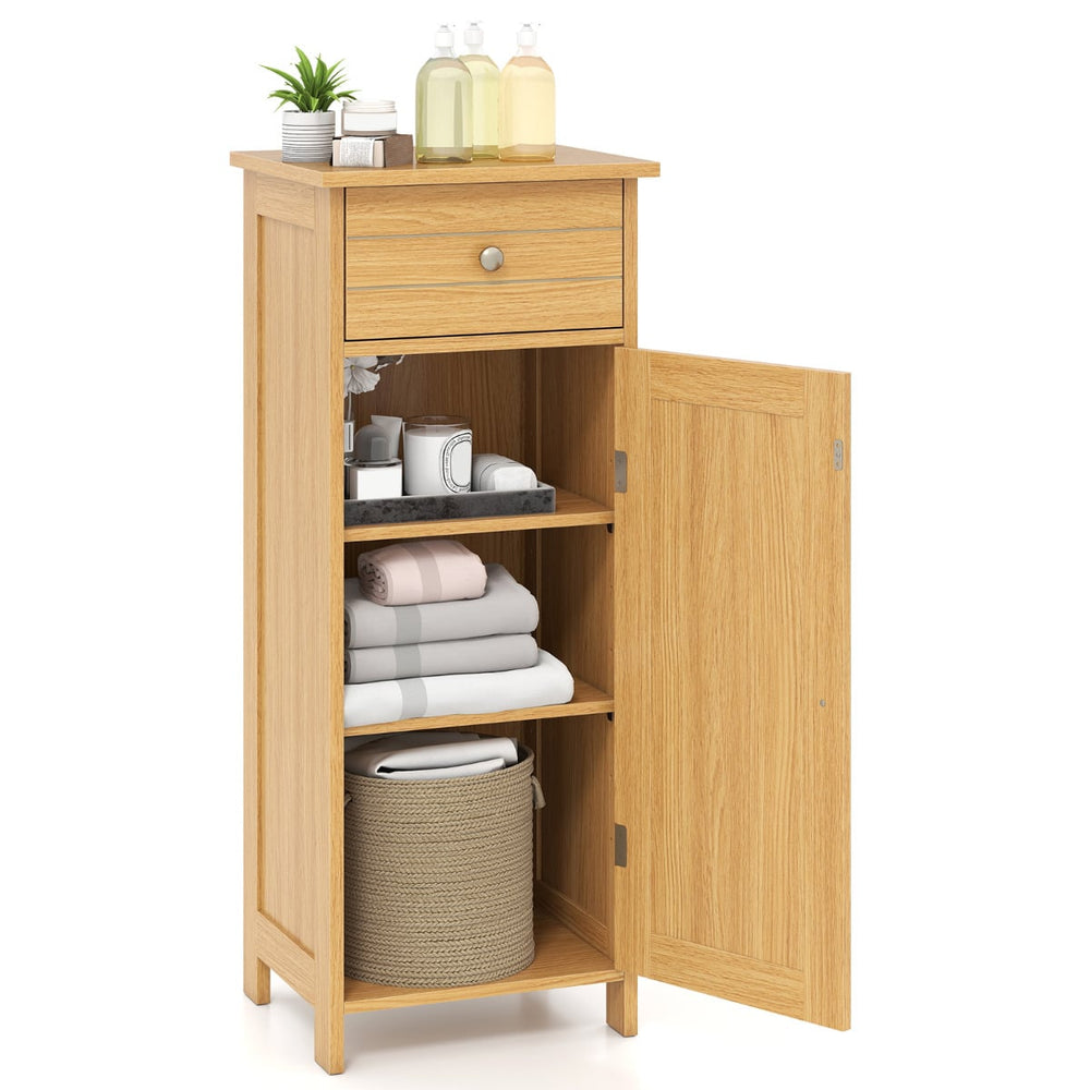 Freestanding Bathroom Storage Cabinet with Door Drawer and Adjustable Shelves-Natural