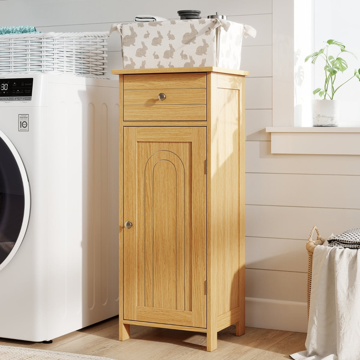 Freestanding Bathroom Storage Cabinet with Door Drawer and Adjustable Shelves-Natural