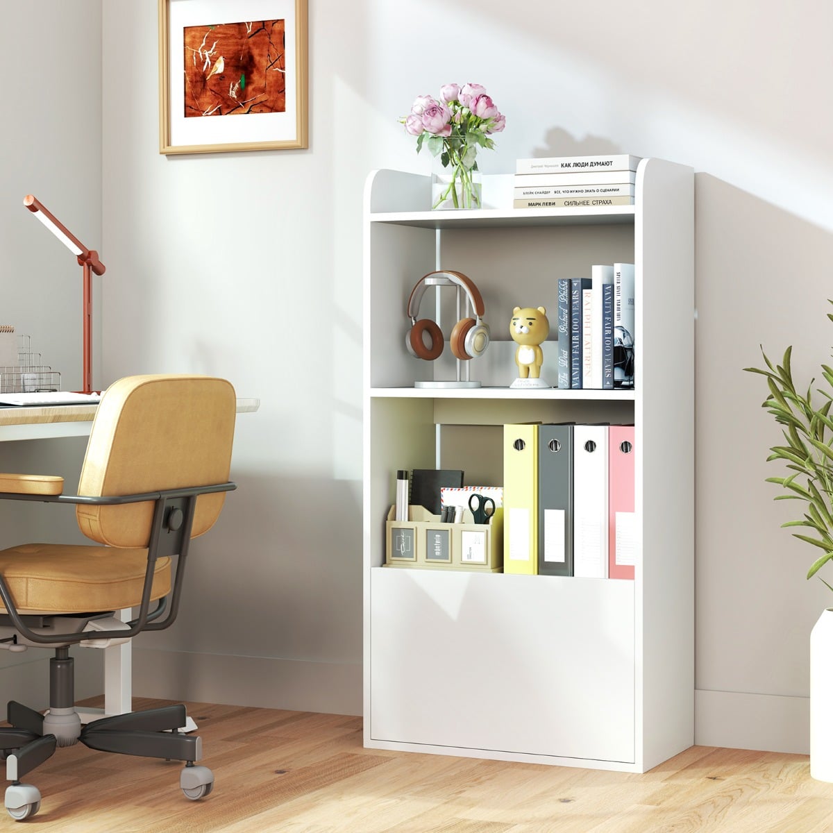 Freestanding Bookshelf with 3-Tier Open Shelf and Drawer-White