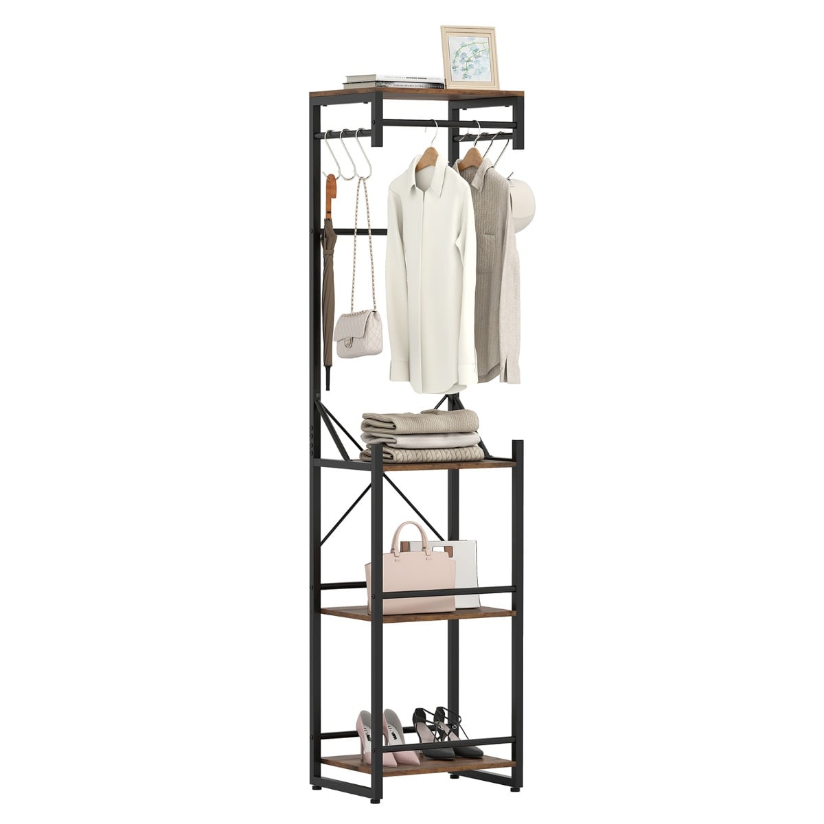 Freestanding Coat Rack Slim Hall Tree with 4 Storage Shelves-Rustic Brown