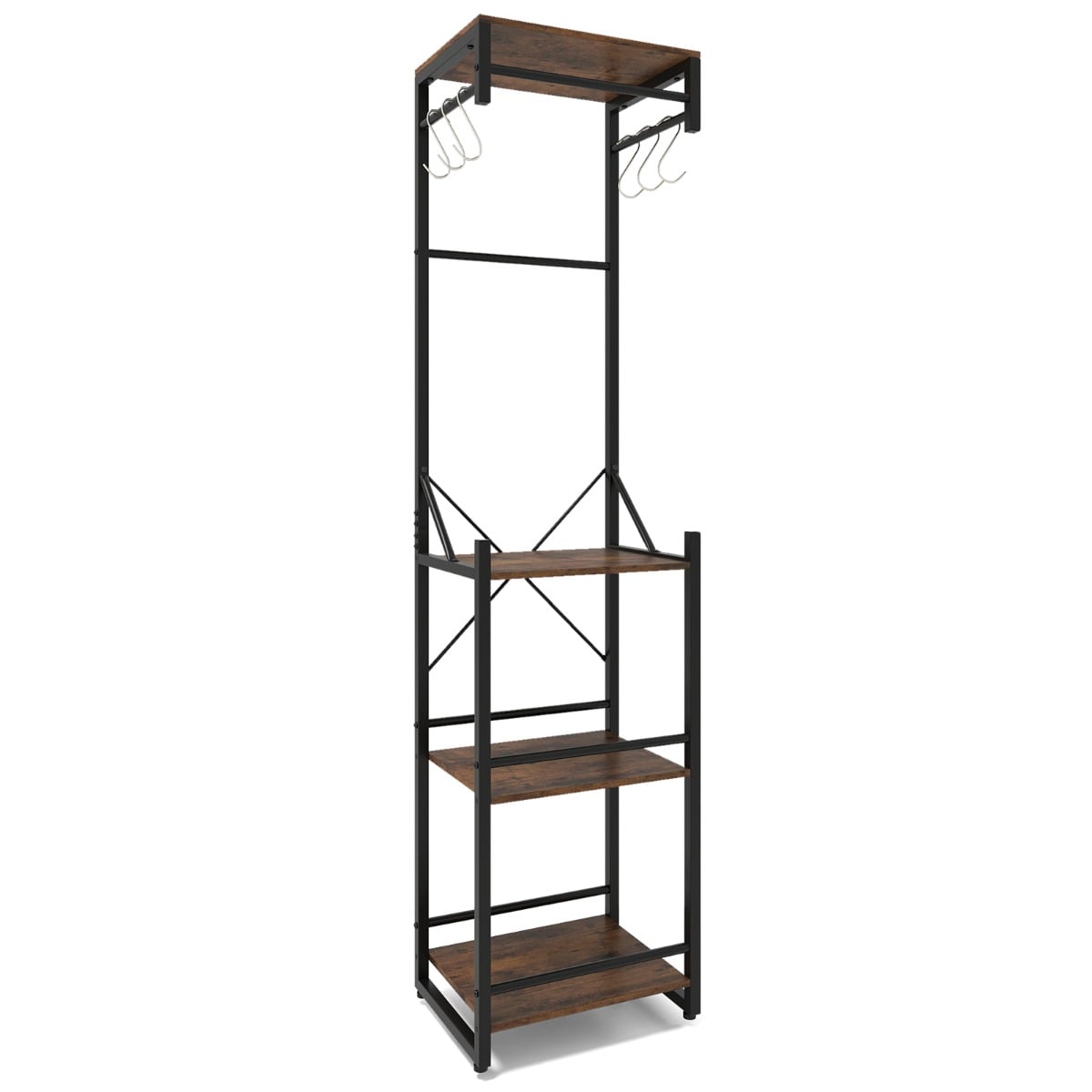 Freestanding Coat Rack Slim Hall Tree with 4 Storage Shelves-Rustic Brown