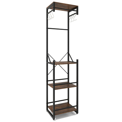 Freestanding Coat Rack Slim Hall Tree with 4 Storage Shelves-Rustic Brown