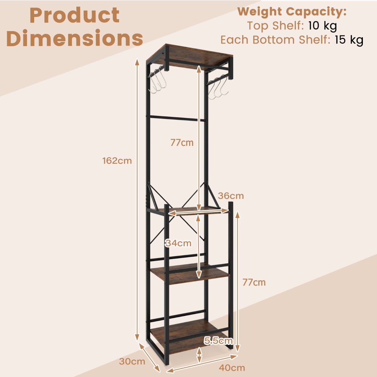 Freestanding Coat Rack Slim Hall Tree with 4 Storage Shelves-Rustic Brown