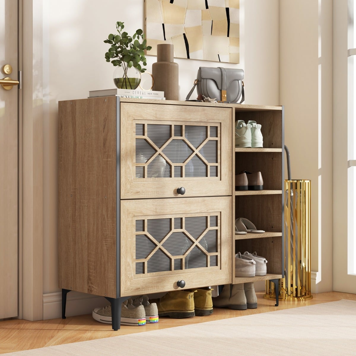 Freestanding Shoe Organizer with Flip Doors Adjustable Shelves-Oak