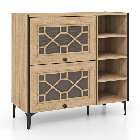 Freestanding Shoe Organizer with Flip Doors Adjustable Shelves-Oak