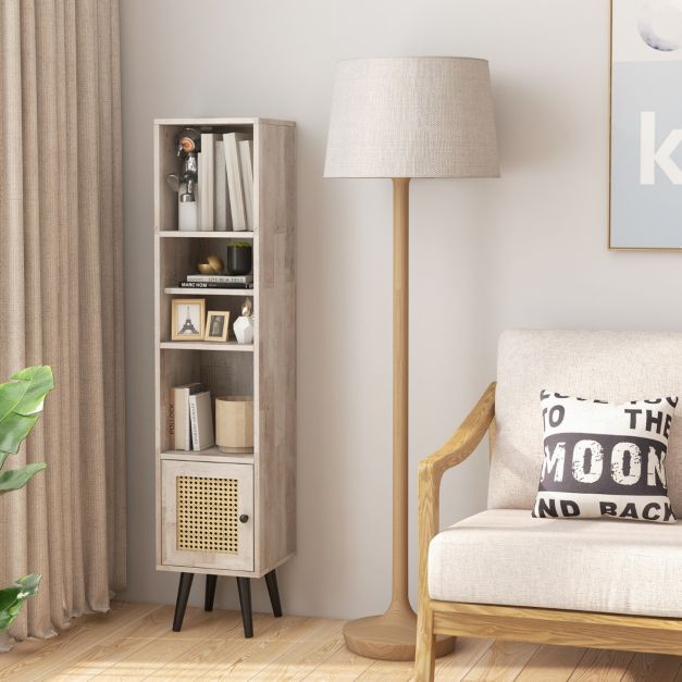 Freestanding Slim Cabinet with Rattan Door and Solid Wood Legs-Grey