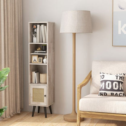 Freestanding Slim Cabinet with Rattan Door and Solid Wood Legs-Grey