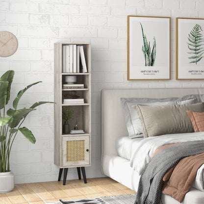Freestanding Slim Cabinet with Rattan Door and Solid Wood Legs-Grey