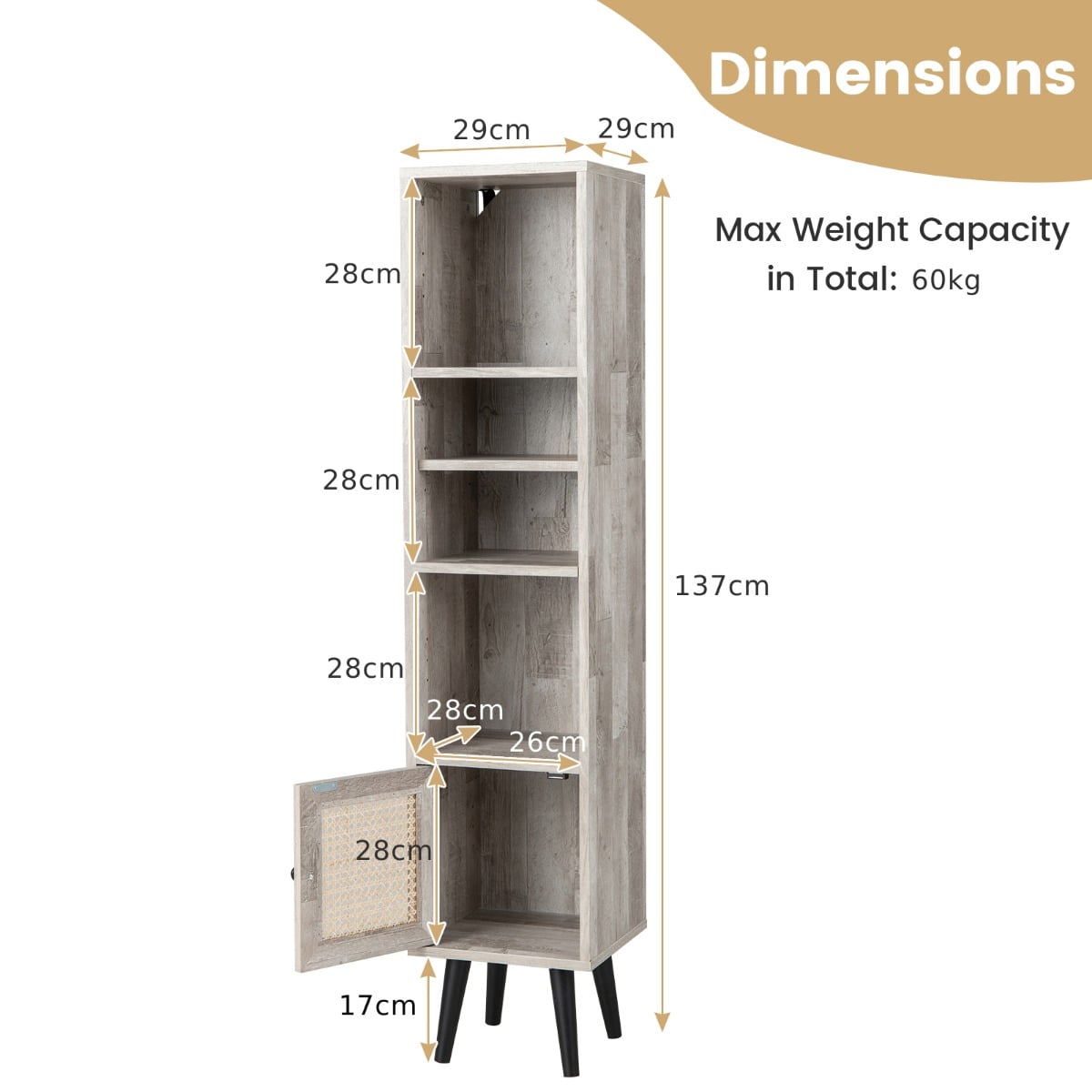 Freestanding Slim Cabinet with Rattan Door and Solid Wood Legs-Grey