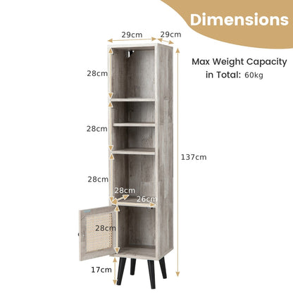 Freestanding Slim Cabinet with Rattan Door and Solid Wood Legs-Grey