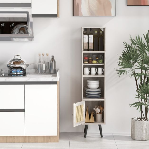 Freestanding Slim Cabinet with Rattan Door and Solid Wood Legs-Grey