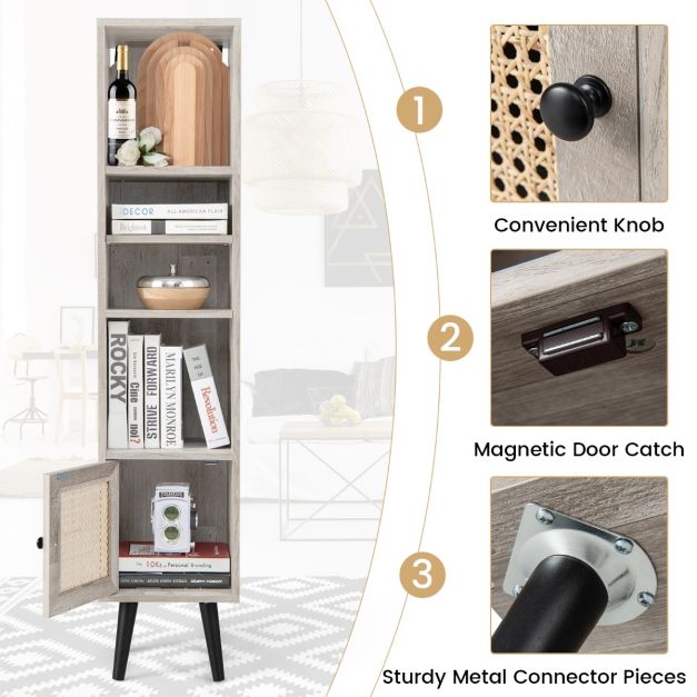 Freestanding Slim Cabinet with Rattan Door and Solid Wood Legs-Grey