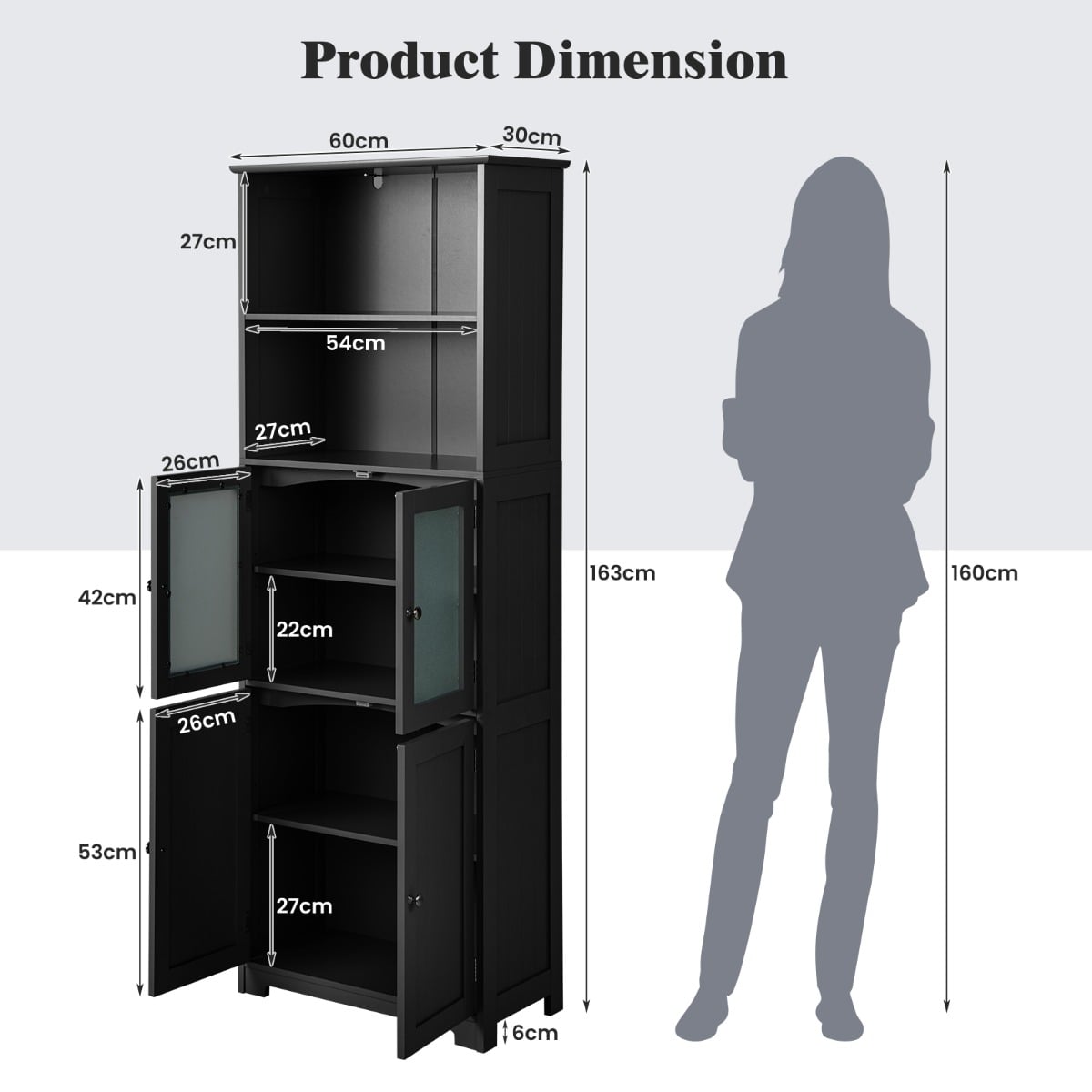 Freestanding Storage Cabinet with Tempered Glass Door and Open Shelves-Black