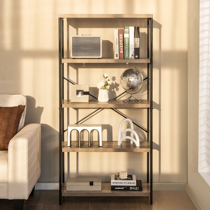 Freestanding Wooden 5-Tier Storage Bookshelf-Grey