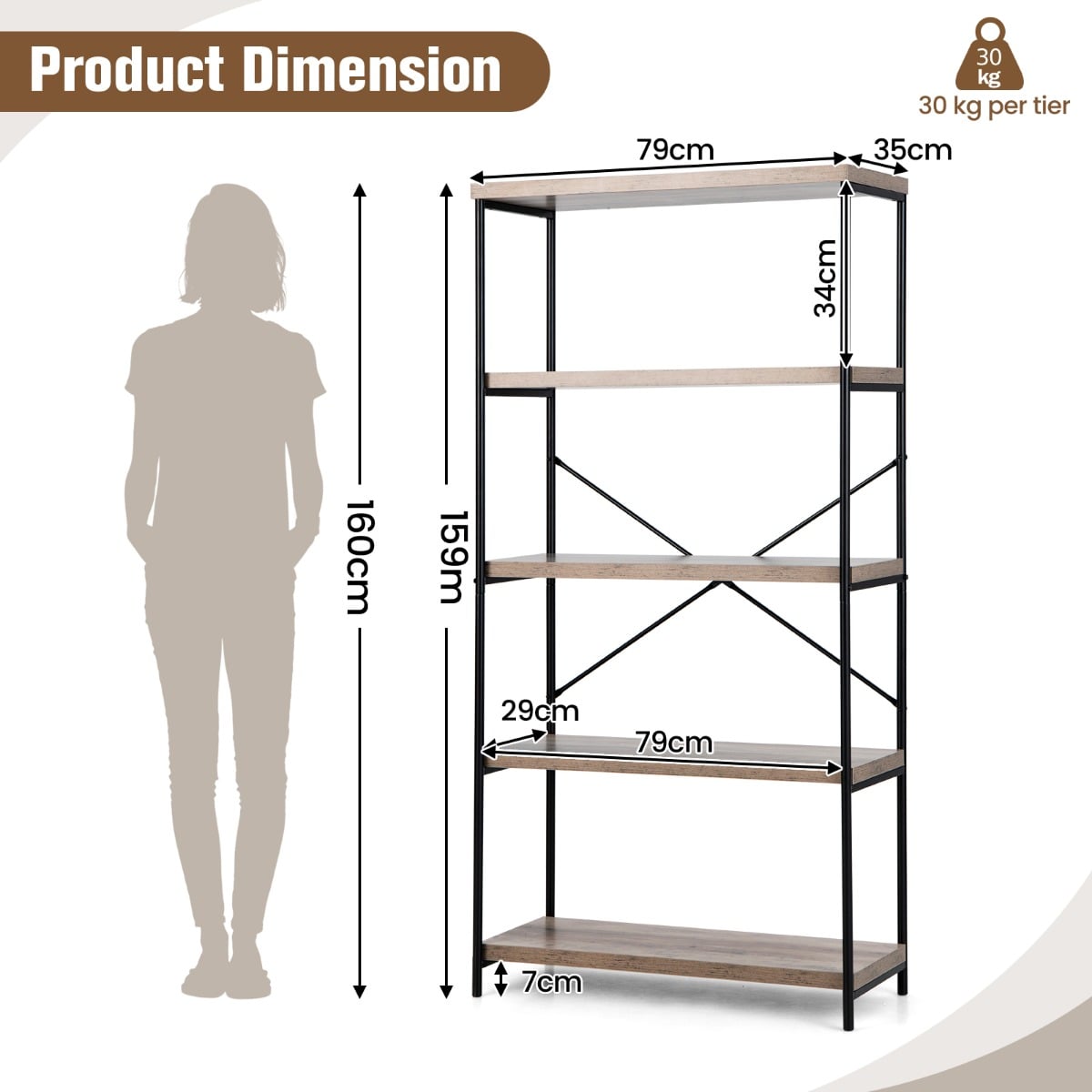 Freestanding Wooden 5-Tier Storage Bookshelf-Grey