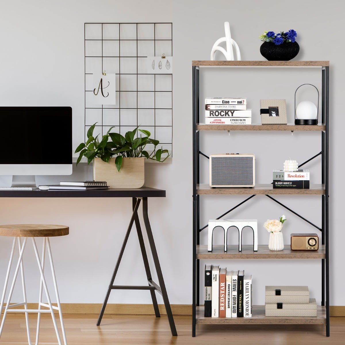 Freestanding Wooden 5-Tier Storage Bookshelf-Grey