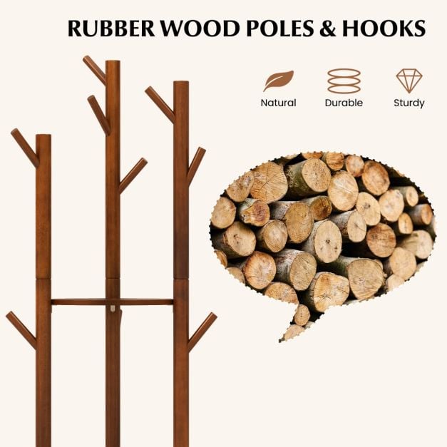 Freestanding Wooden Coat Tree with 3 Display Storage Shelves and 9 Hooks